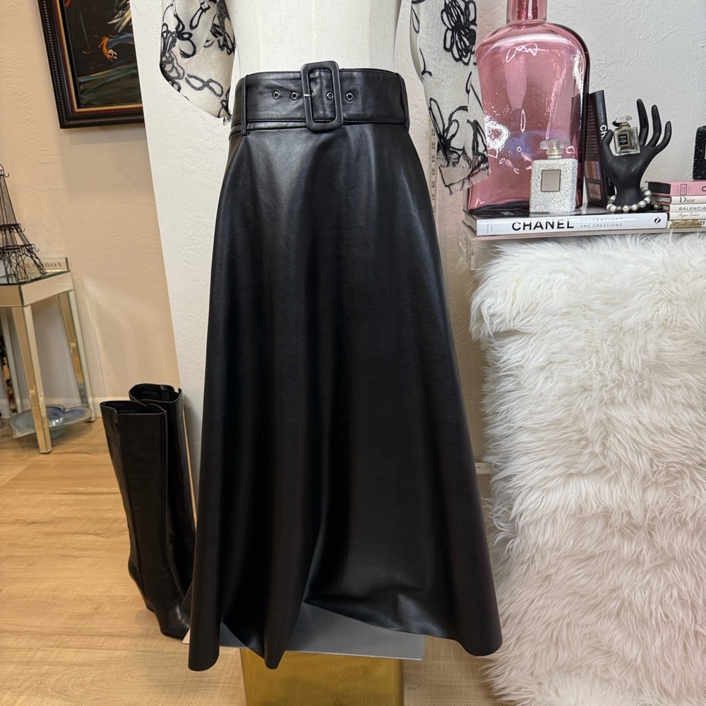 ZARA Black Belted Faux Leather A-Line Midi Skirt XL - Picture 1 of 10